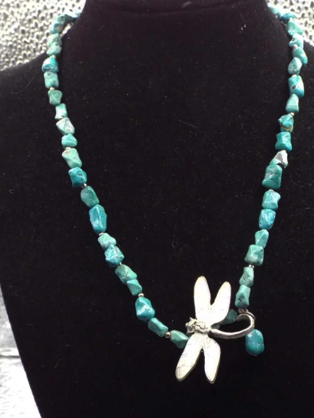 COUSIN CLAUDINE KINGSTON TURQUOISE W/ SILVERY DRAGONFLY NECKLACE 51